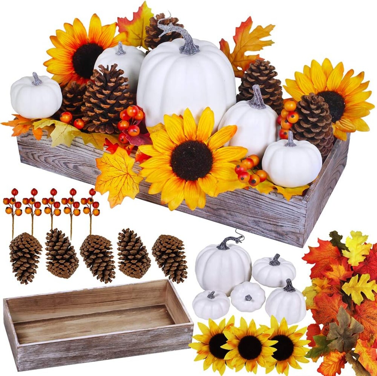 Bulk Assorted Artificial White Pumpkins Fall Centerpiece Artificial Maple Leaves in Rectangle Whitewashed Wooden Box Fall Thanksgiving Table Decoration
